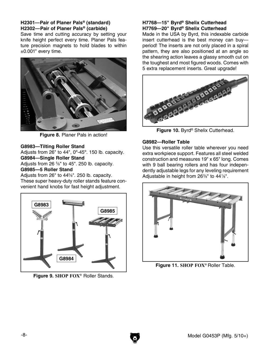 Grizzly G0453P manual G8983-Tilting Roller Stand, G8984-Single Roller Stand, G8985-5 Roller Stand, G8983 G8985 G8984 