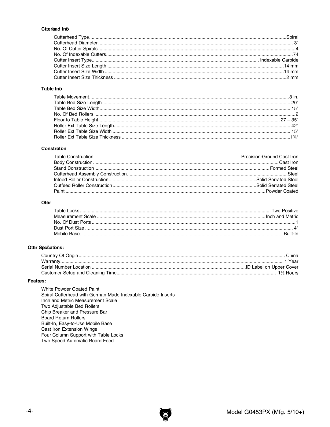 Grizzly G0453PX manual Cutterhead Info, Table Info, Construction, Other Specifications, Features 