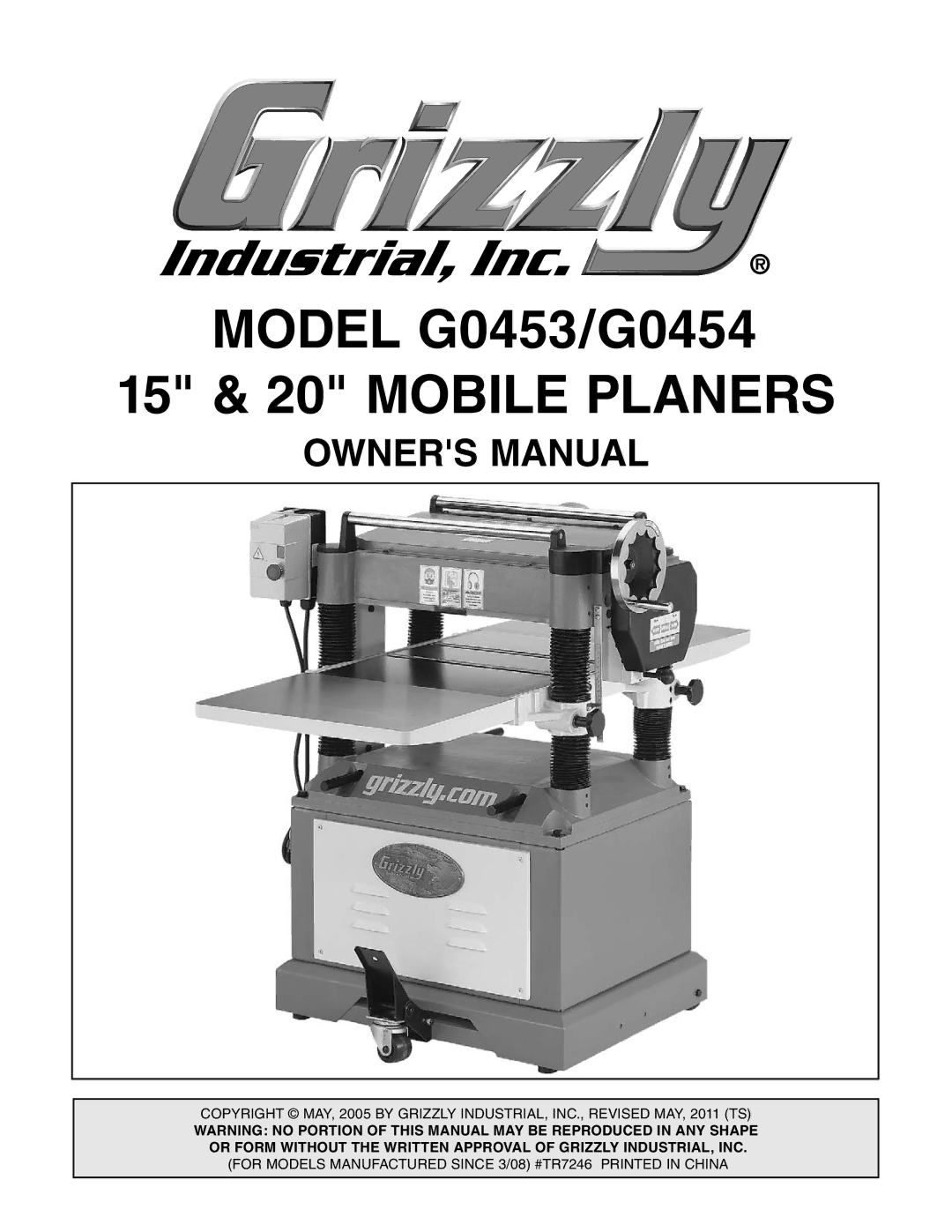 Grizzly owner manual Model G0453/G0454 15 & 20 Mobile Planers 