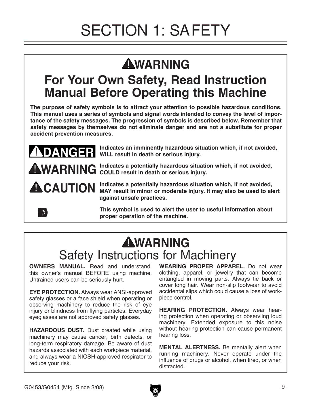 Grizzly G0453, G0454 owner manual Safety Instructions for Machinery 