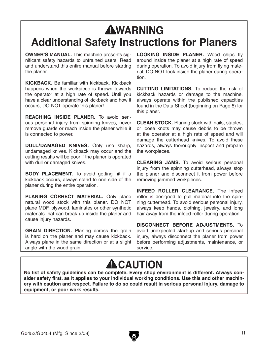 Grizzly G0453, G0454 owner manual Additional Safety Instructions for Planers 