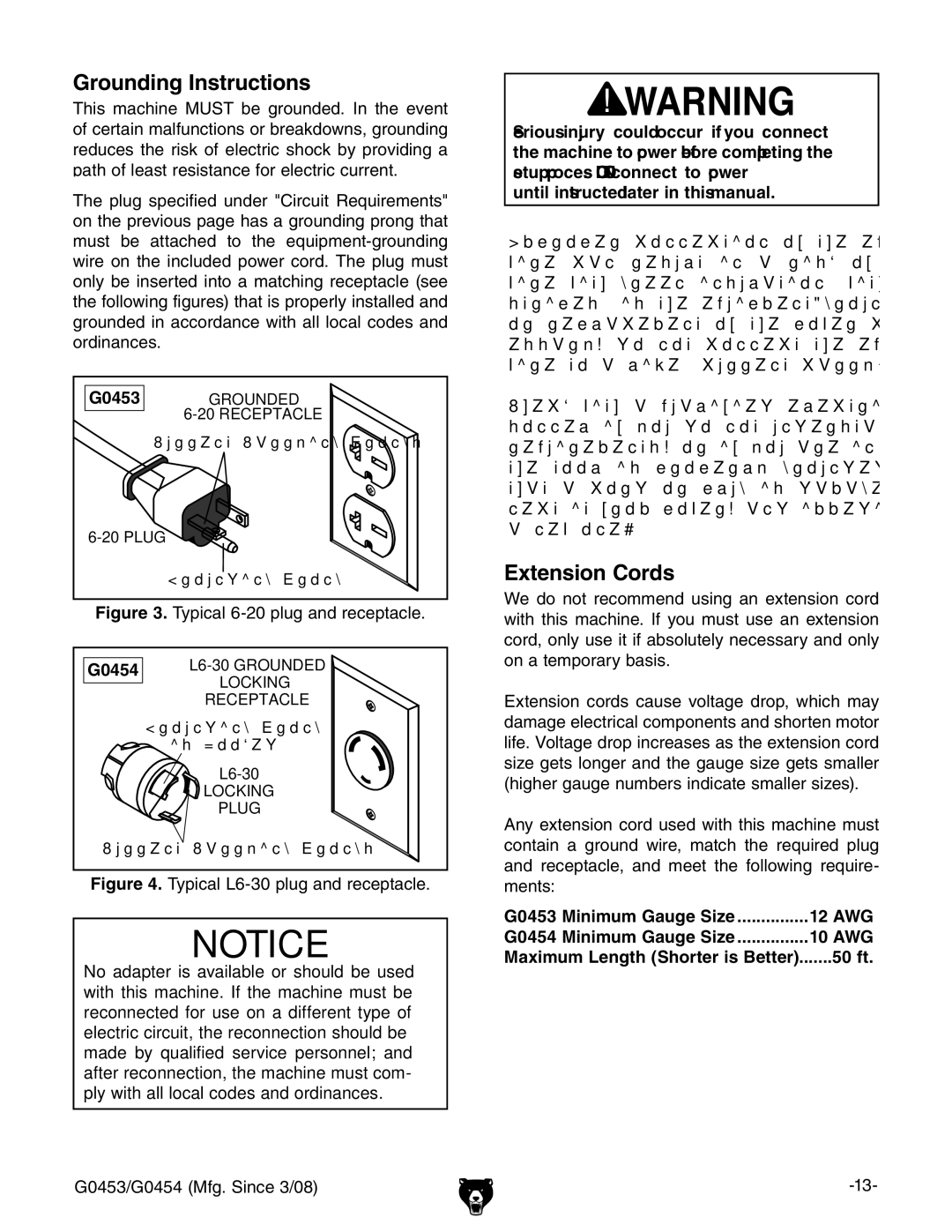 Grizzly G0453 owner manual Grounding Instructions, Extension Cords, G0454, 50 ft 