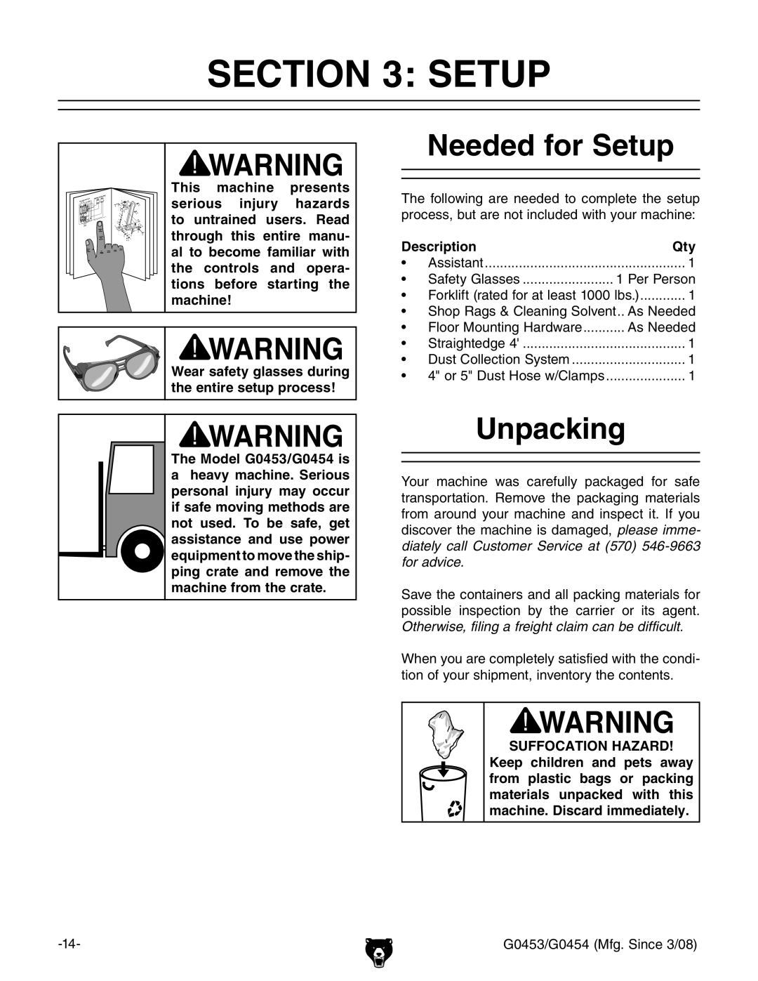 Grizzly G0454, G0453 owner manual Needed for Setup, Unpacking, Description Qty 