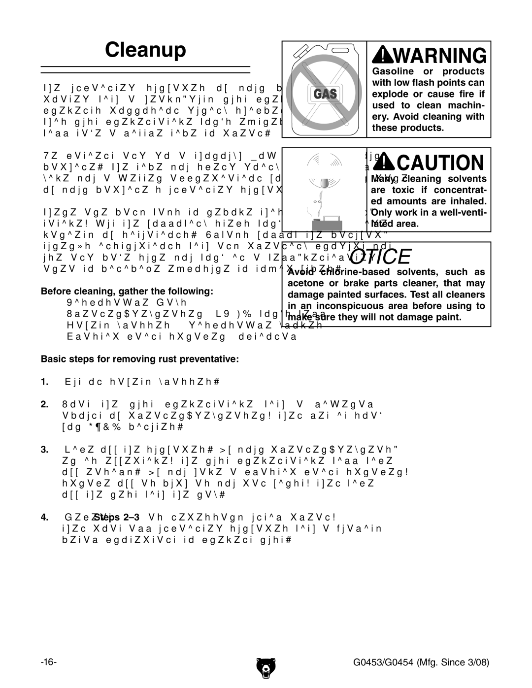 Grizzly G0454, G0453 owner manual Cleanup, Before cleaning, gather the following, Basic steps for removing rust preventative 