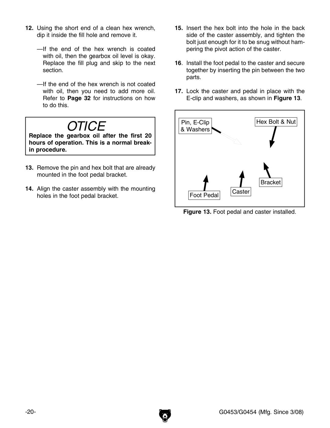 Grizzly owner manual Foot pedal and caster installed G0453/G0454 Mfg. Since 3/08 