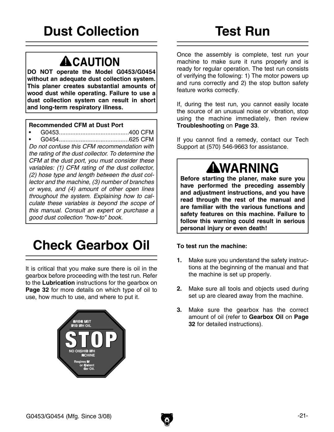 Grizzly G0453, G0454 owner manual Dust Collection Test Run, Check Gearbox Oil 