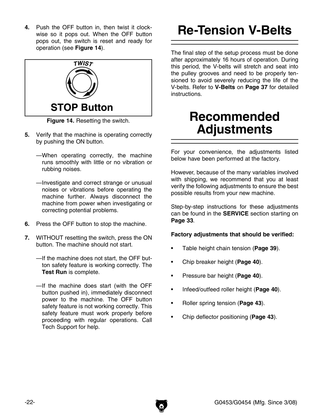 Grizzly G0454, G0453 owner manual Re-Tension V-Belts, Recommended Adjustments, Factory adjustments that should be verified 