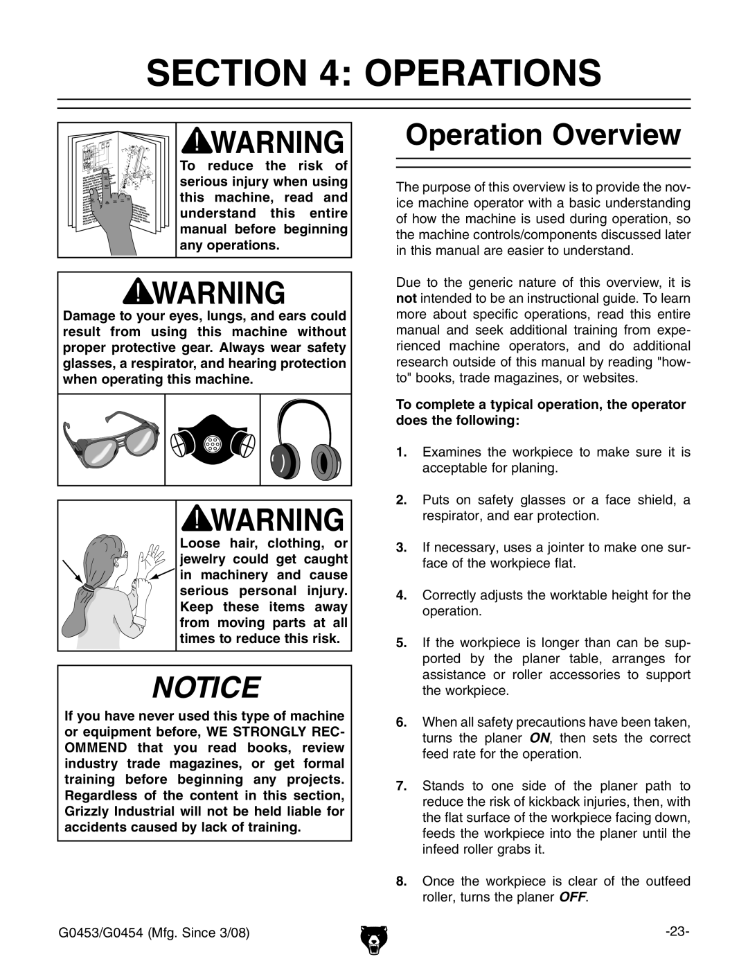 Grizzly G0453, G0454 owner manual Operations, Operation Overview 