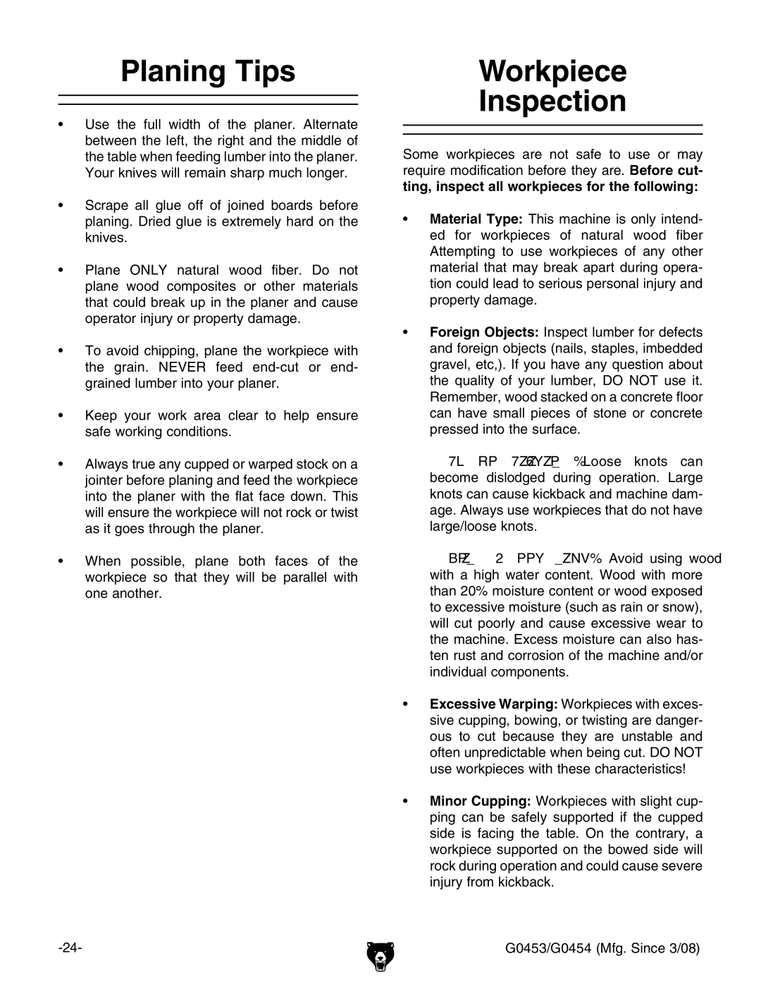 Grizzly G0454, G0453 owner manual Planing Tips, Workpiece Inspection 