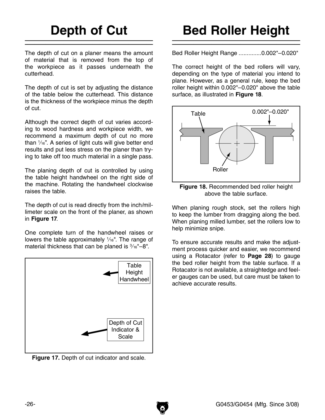 Grizzly G0454, G0453 owner manual Depth of Cut, Bed Roller Height 