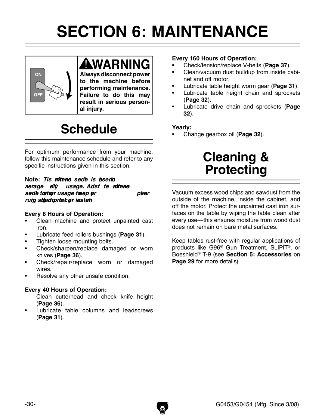 Grizzly G0454, G0453 owner manual Maintenance, Schedule, Cleaning Protecting 