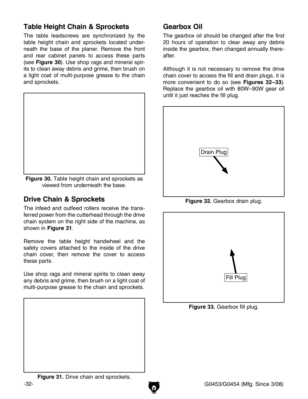 Grizzly G0454, G0453 owner manual Table Height Chain & Sprockets, Drive Chain & Sprockets, Gearbox Oil 