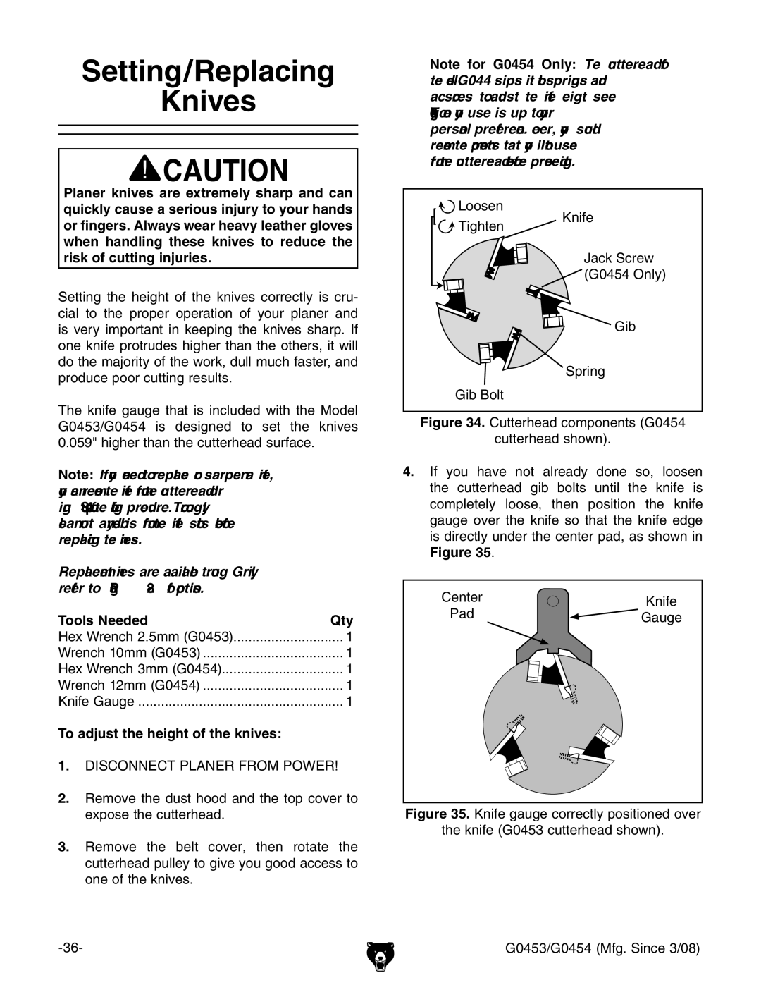 Grizzly G0454, G0453 owner manual Setting/Replacing Knives, Tools Needed Qty, To adjust the height of the knives 