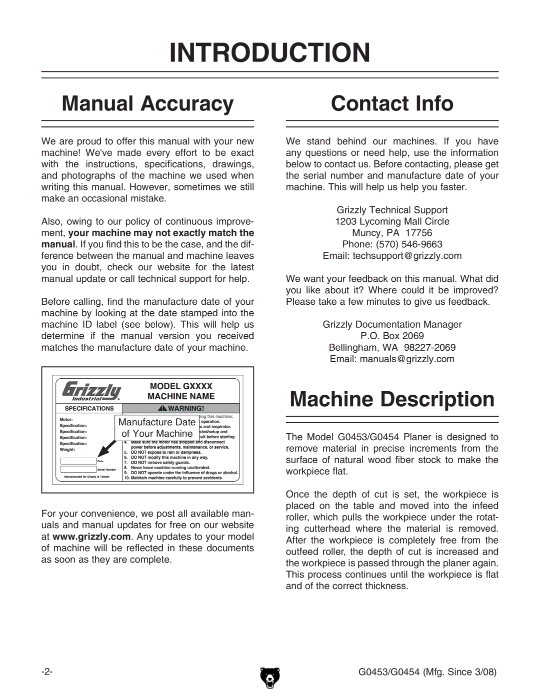 Grizzly G0454, G0453 owner manual Introduction, Manual Accuracy Contact Info, Machine Description 