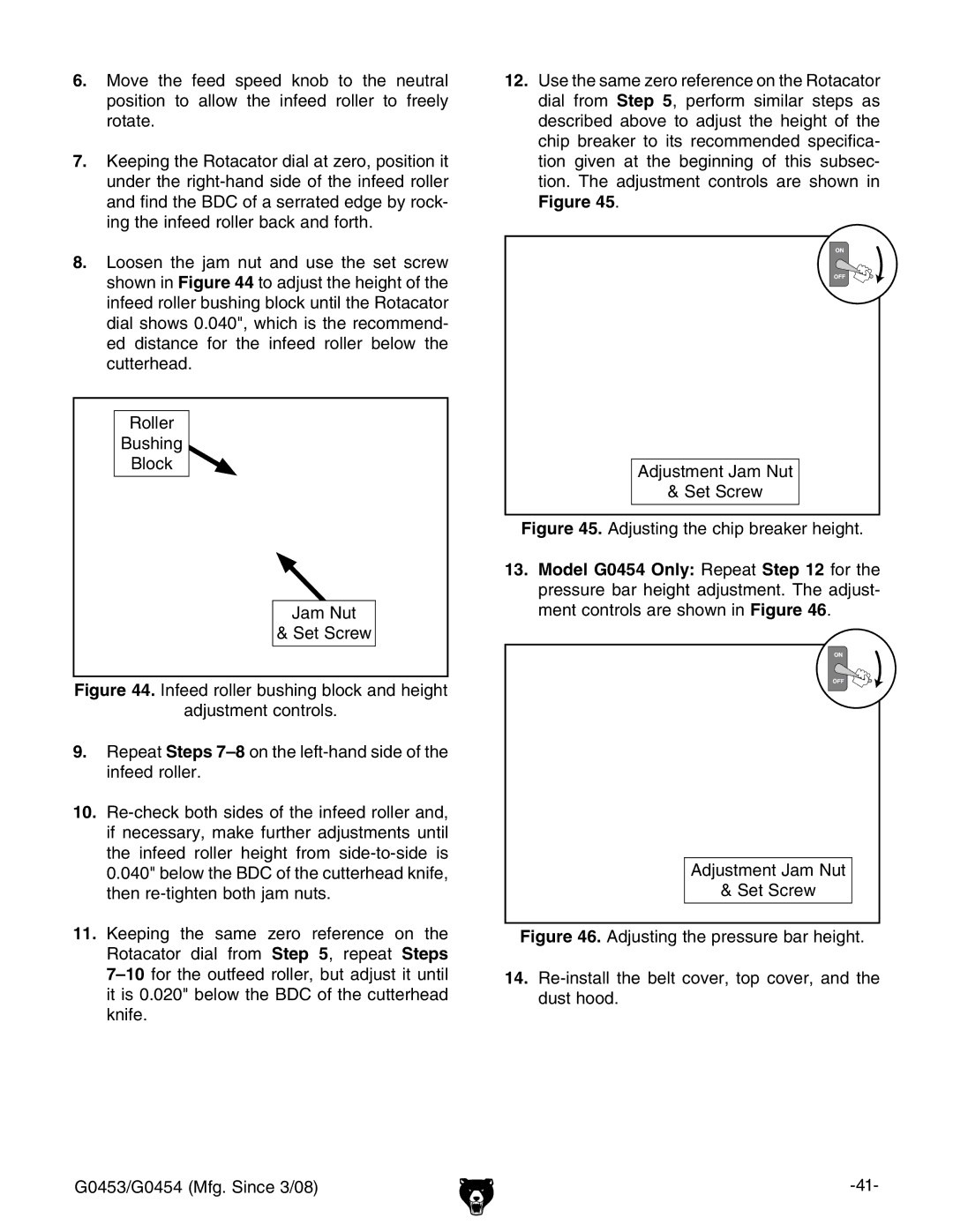 Grizzly G0453, G0454 owner manual Adjustment Jam Nut Set Screw 