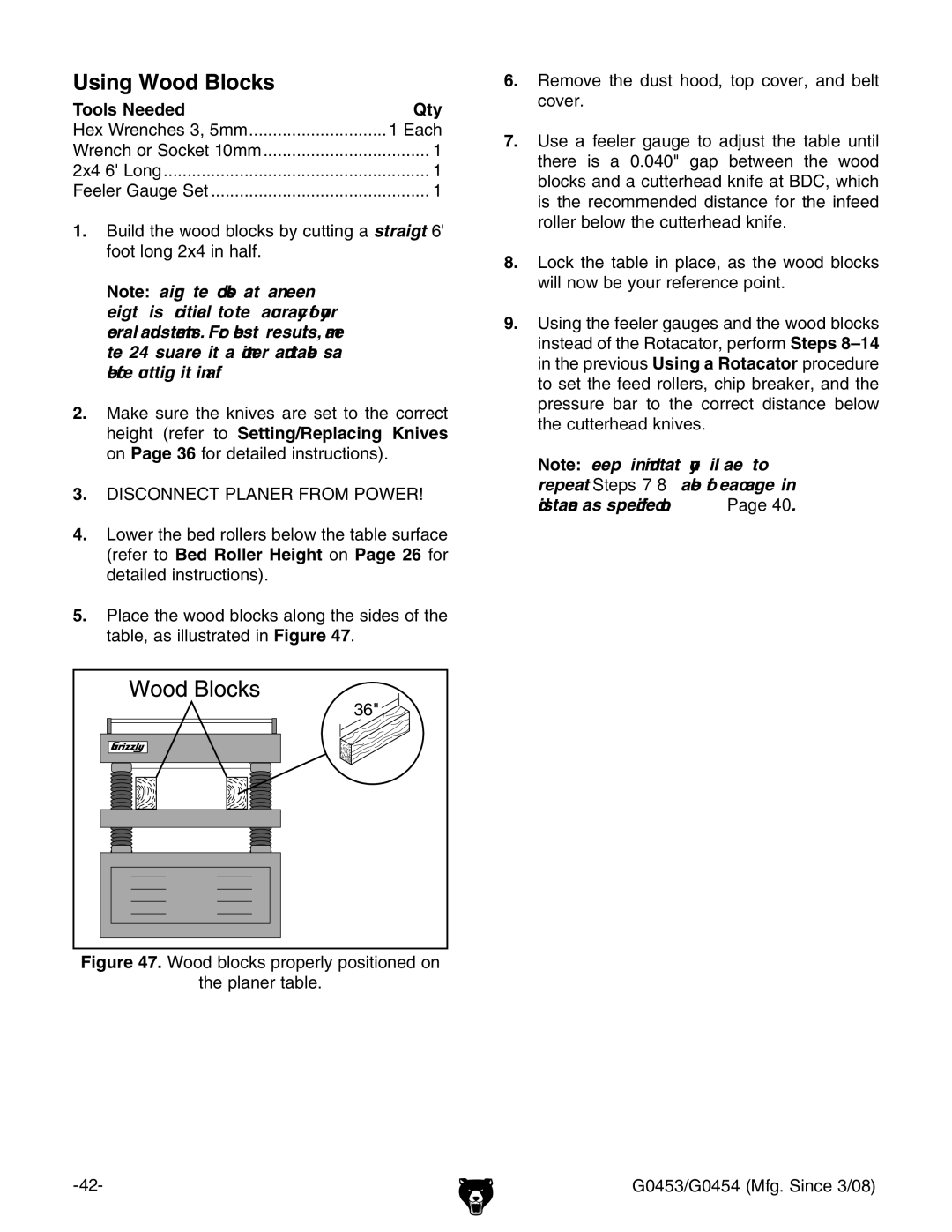 Grizzly G0454, G0453 owner manual Using Wood Blocks 