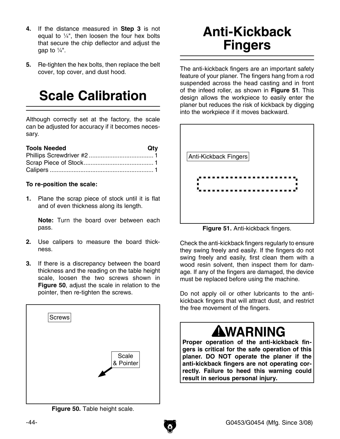 Grizzly G0454, G0453 owner manual Scale Calibration, Anti-Kickback Fingers, To re-position the scale 