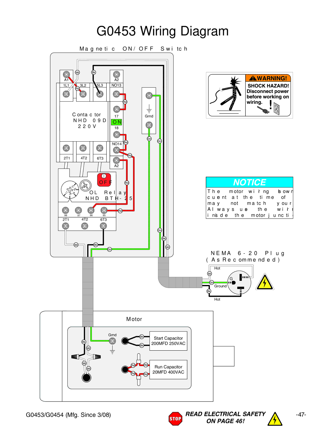 Grizzly G0454 owner manual G0453 Wiring Diagram, Magnetic ON/OFF Switch 