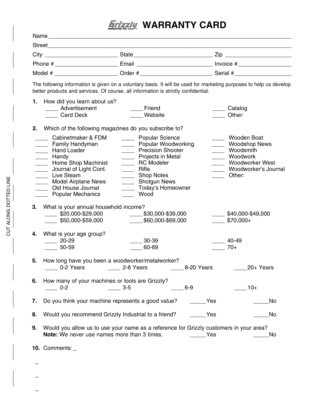 Grizzly G0453, G0454 owner manual Warranty Card, Comments 