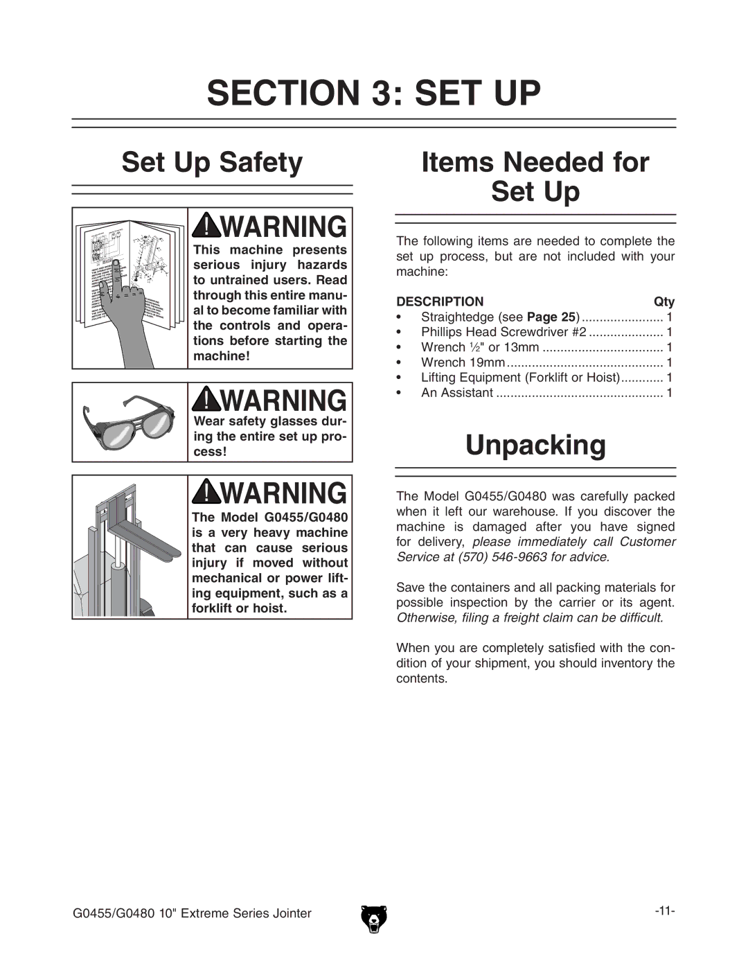 Grizzly G0455 manual #4/. 3%4, 3ETT5P 3AFETY, 5NPACKING 