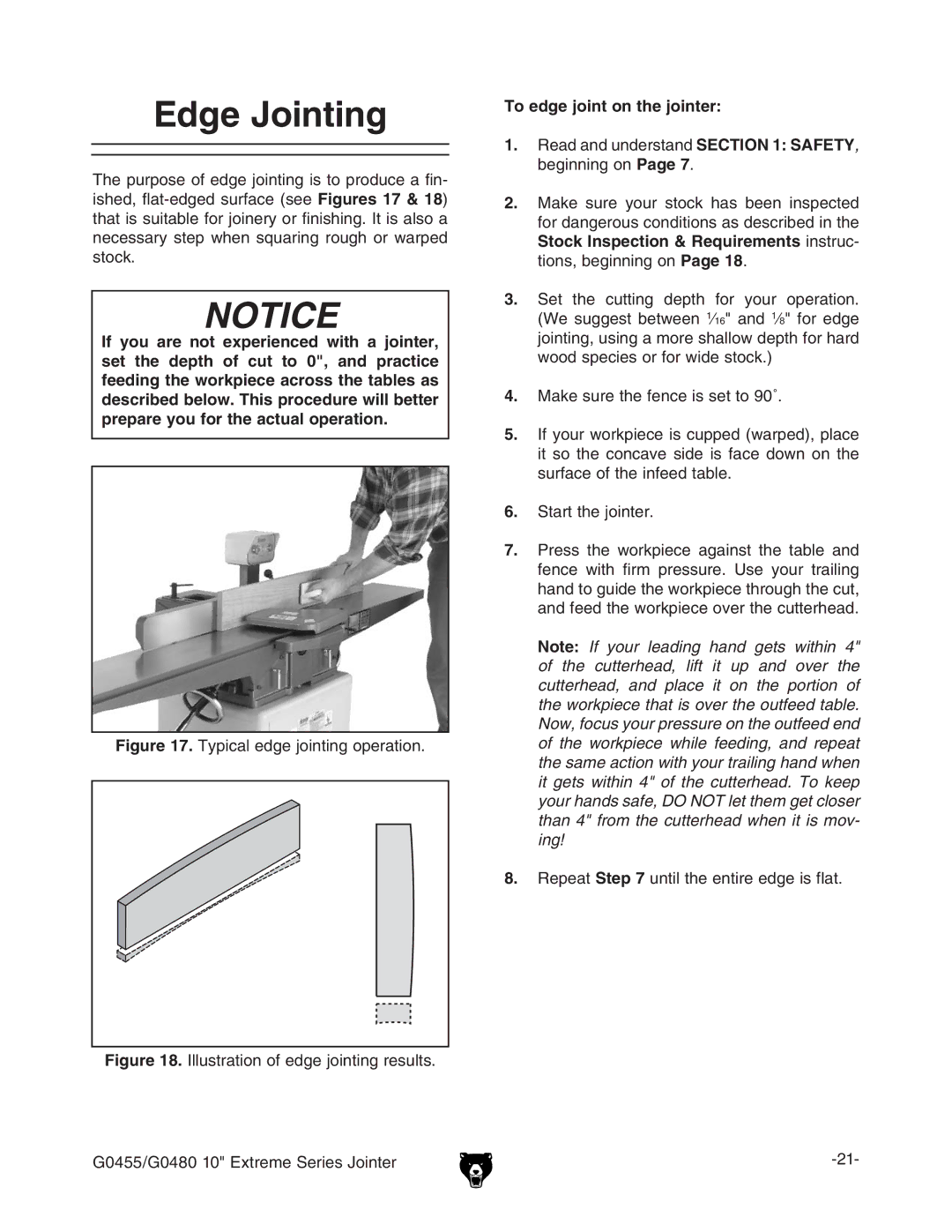 Grizzly G0455 manual Dge *Ointing, Igure IneXVaZY\Zdcic\deZgVidc#, 4O Edge Jointion THEHJOINTER 