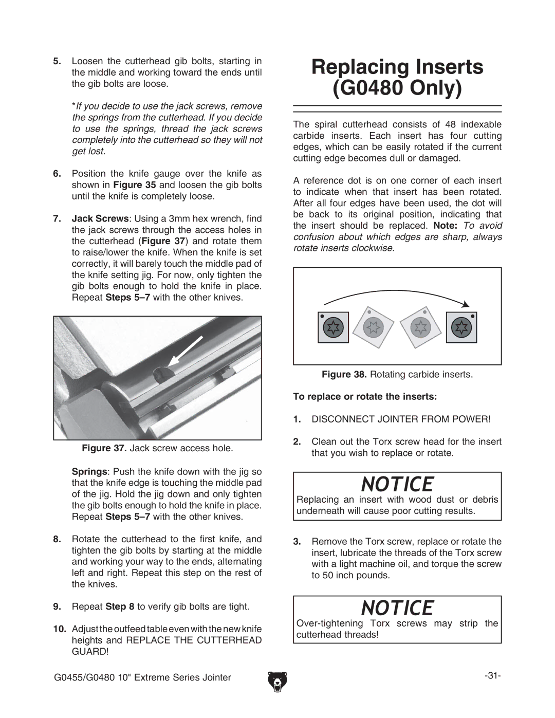 Grizzly G0455 manual Igure ?VX`hXgZlVXXZhhdaZ#, Igure GdiVic\XVgWYZchZgih#, 4O Replacelor Rotate THEHINSERTS 