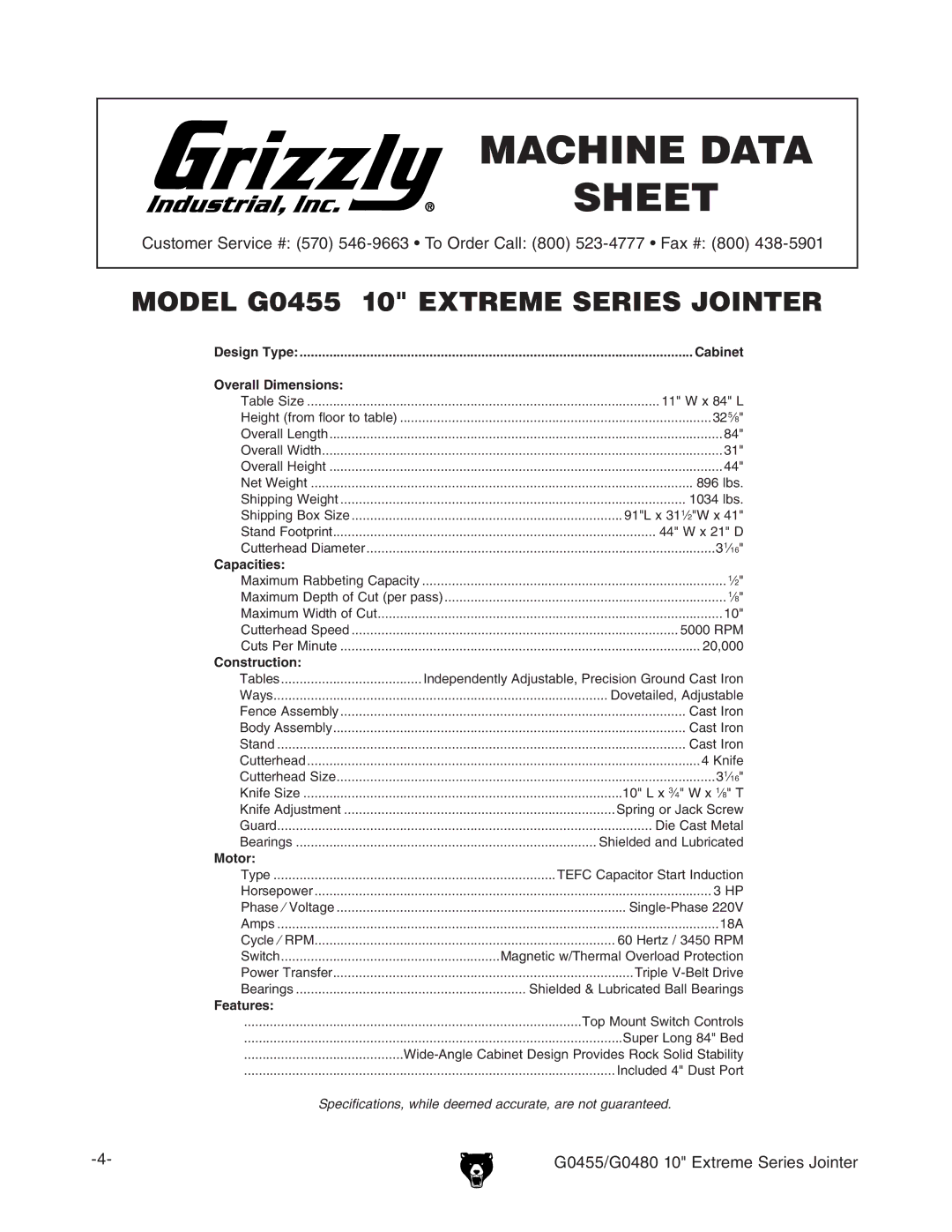 Grizzly G0455 manual #.%$!4!! 3%%4 