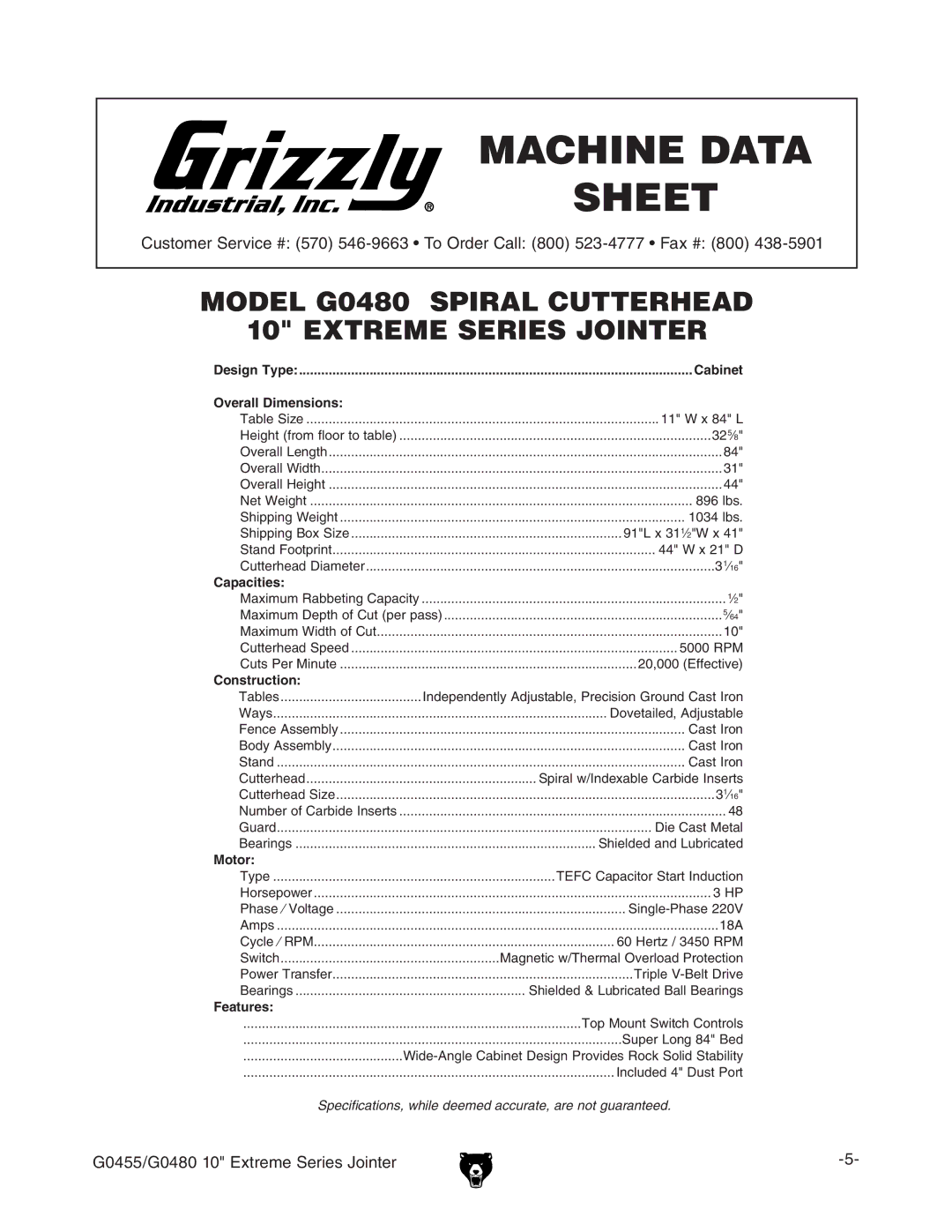 Grizzly G0455 manual -ACHINEE$ATA 3HEET 