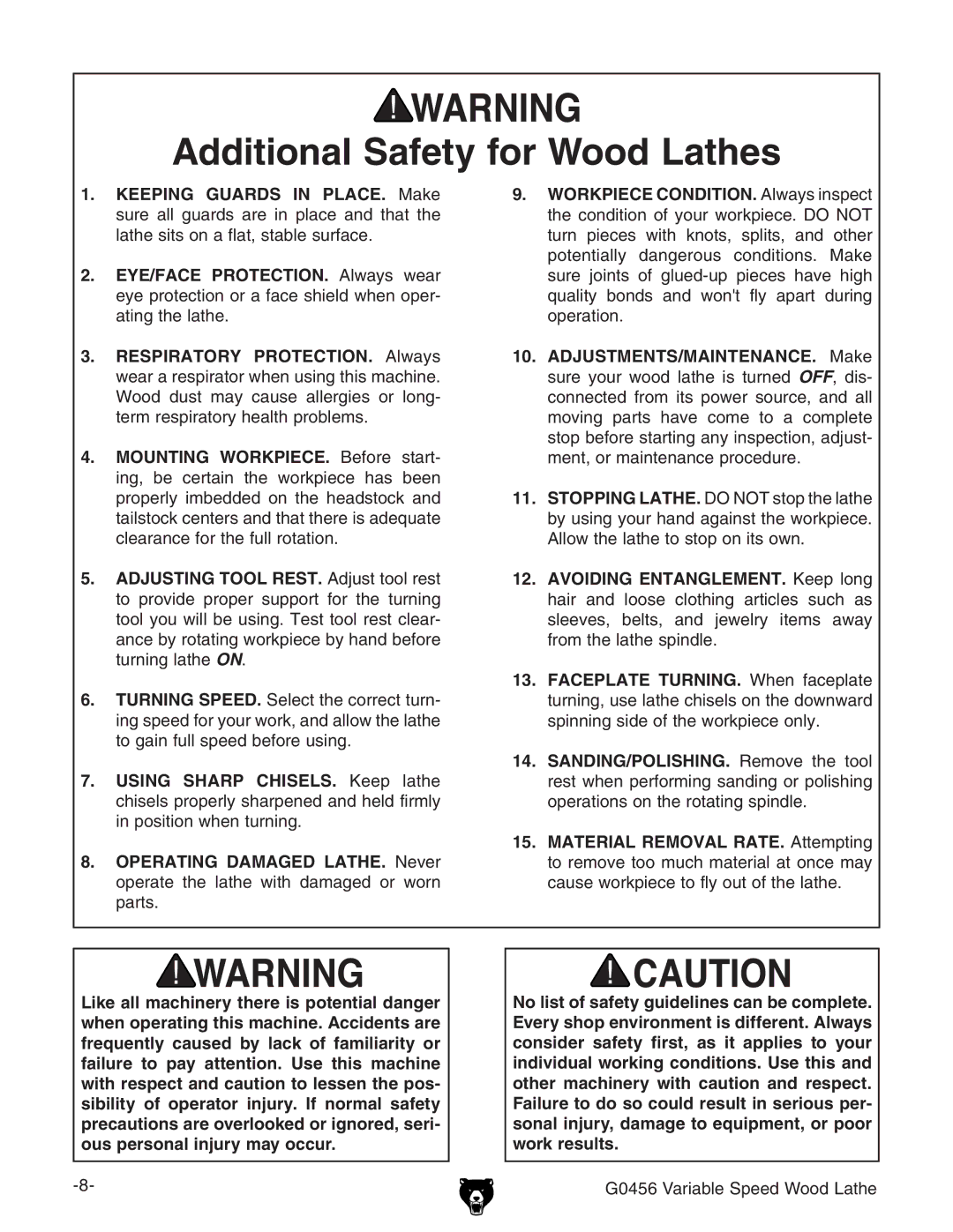 Grizzly G0456 owner manual Additional Safety for Wood Lathes 