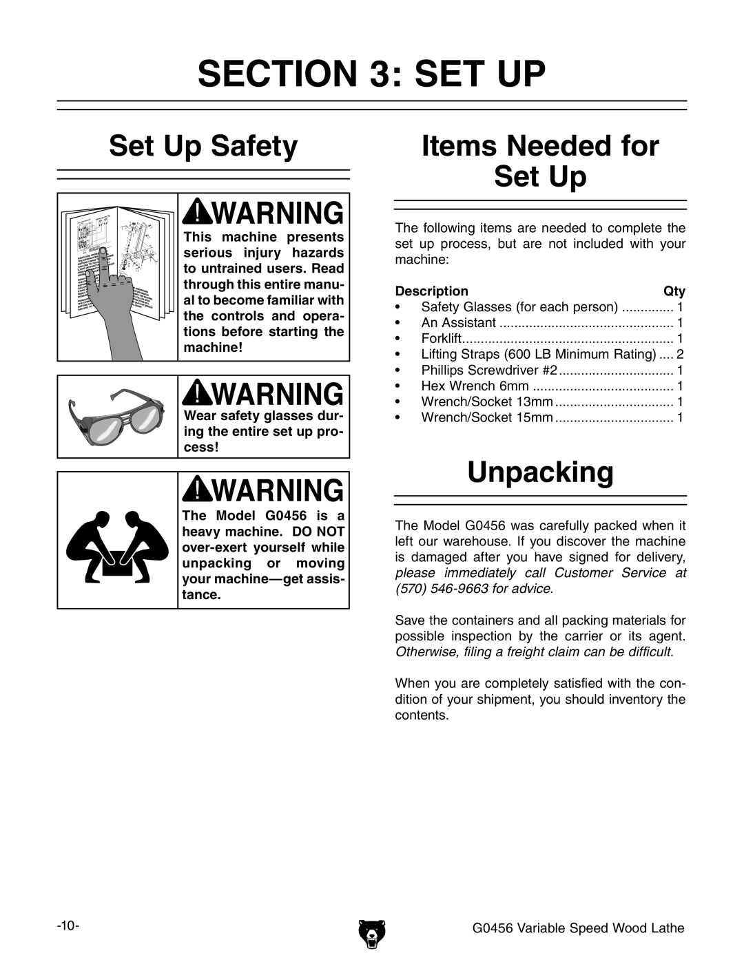 Grizzly G0456 owner manual Set Up Safety, Items Needed for Set Up, Unpacking, Description Qty 