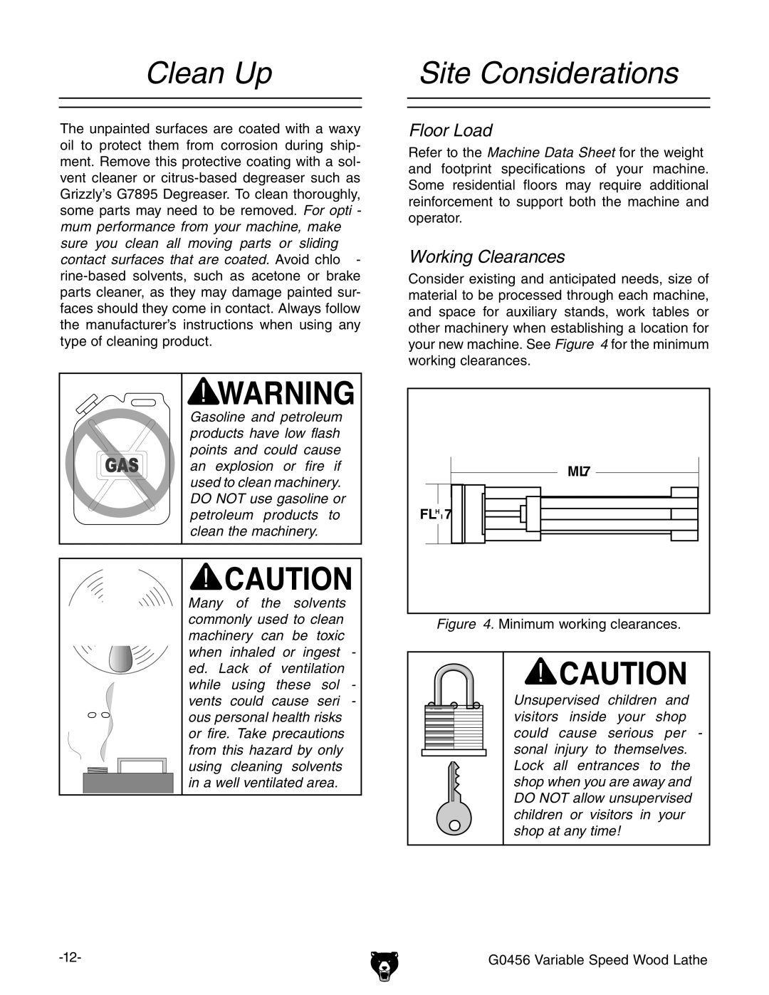 Grizzly G0456 owner manual Clean Up, Site Considerations 