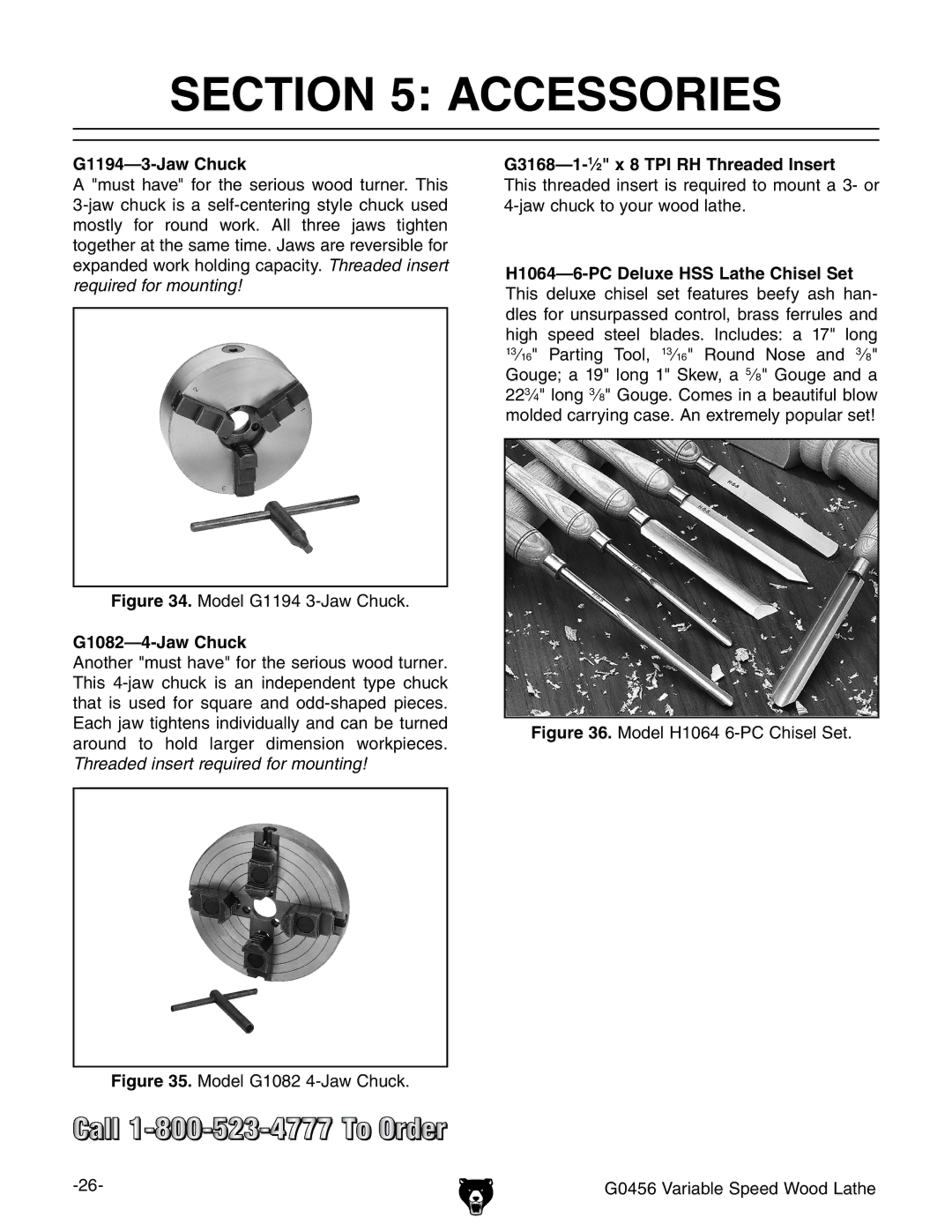 Grizzly G0456 owner manual Accessories, G1194-3-Jaw Chuck, G1082-4-Jaw Chuck, G3168-1-1⁄2 x 8 TPI RH Threaded Insert 