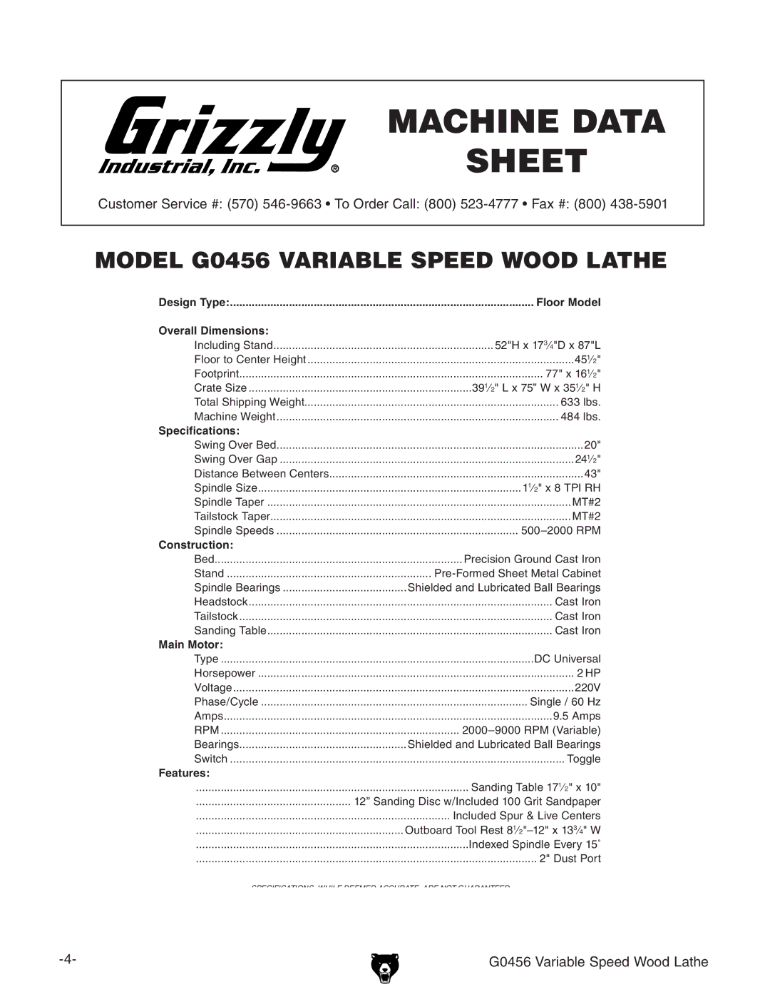 Grizzly G0456 owner manual Machine Data Sheet 