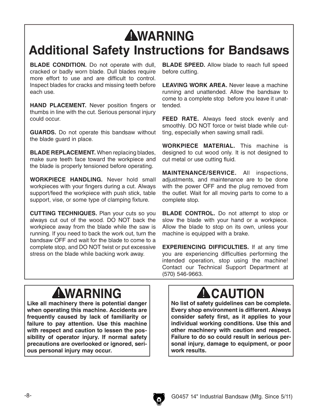 Grizzly G0457 owner manual Additional Safety Instructions for Bandsaws 