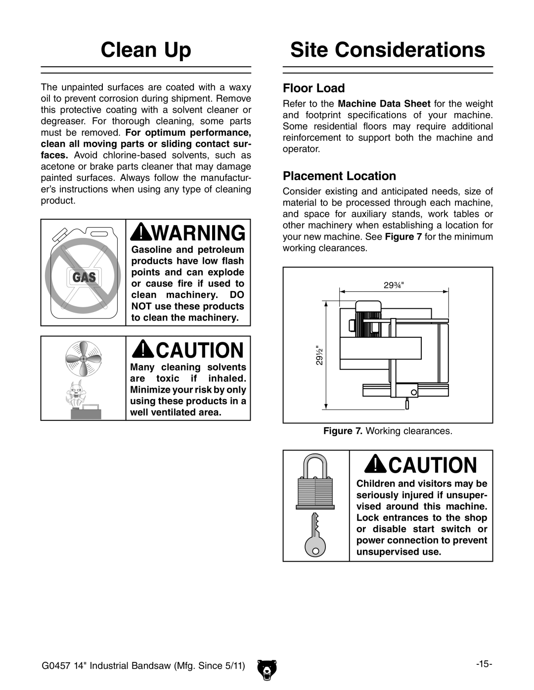 Grizzly G0457 owner manual Clean Up, Site Considerations, Floor Load, Placement Location 