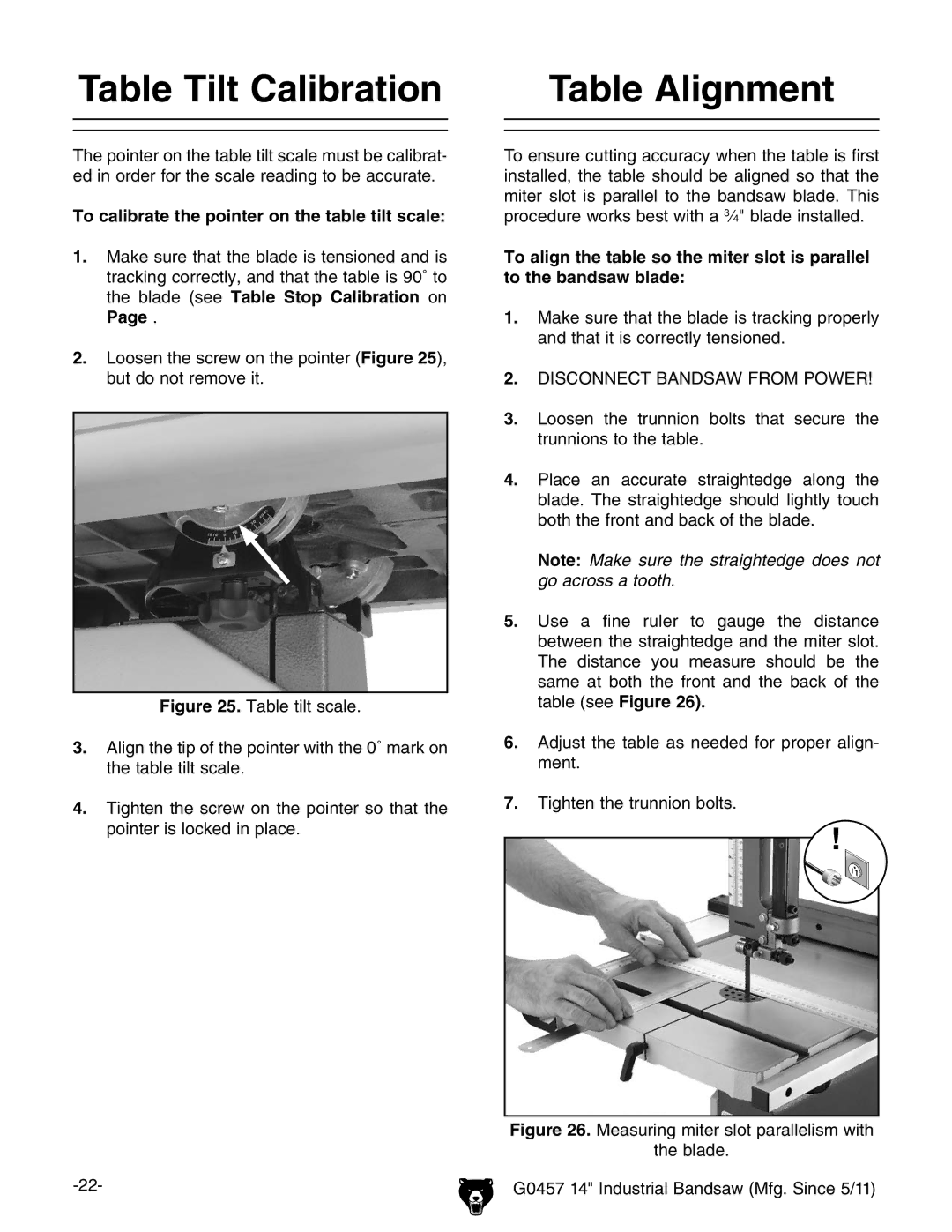 Grizzly G0457 owner manual Table Alignment, To calibrate the pointer on the table tilt scale 