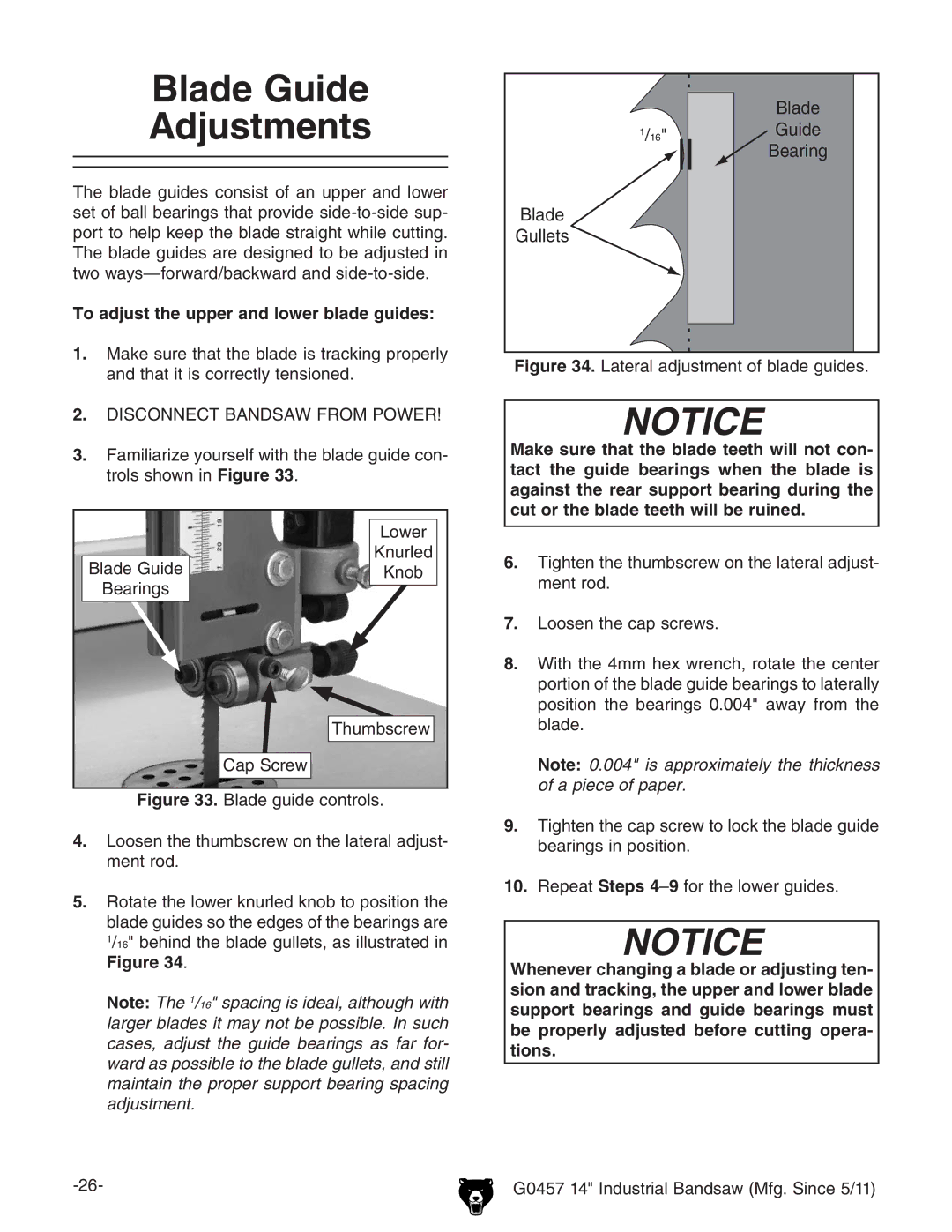 Grizzly G0457 owner manual Blade Guide Adjustments, To adjust the upper and lower blade guides 