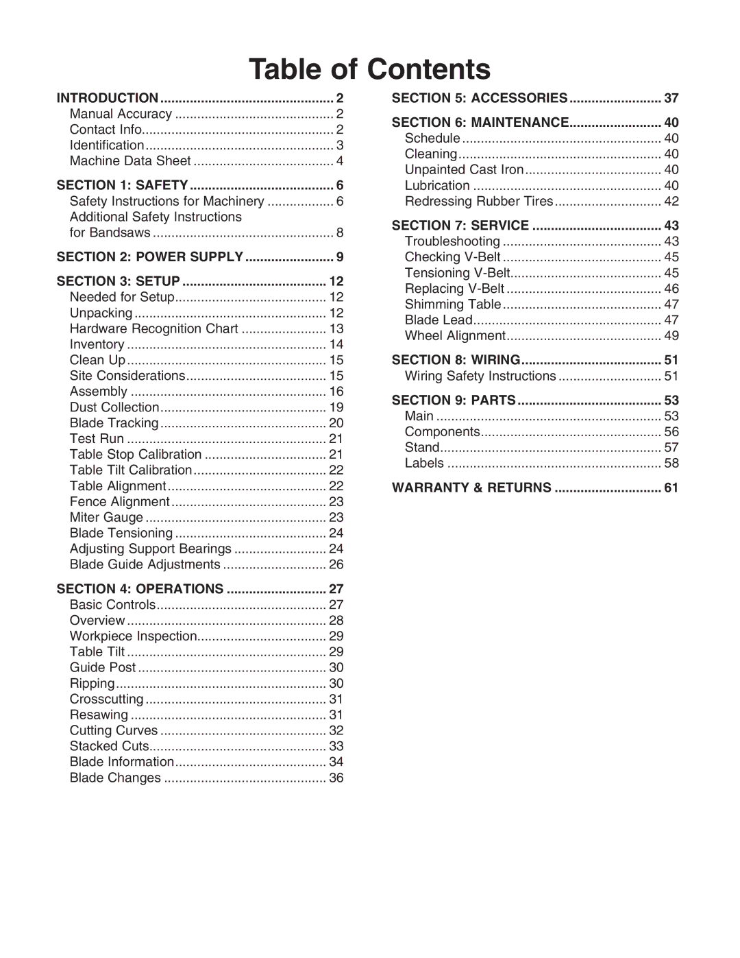 Grizzly G0457 owner manual Table of Contents 