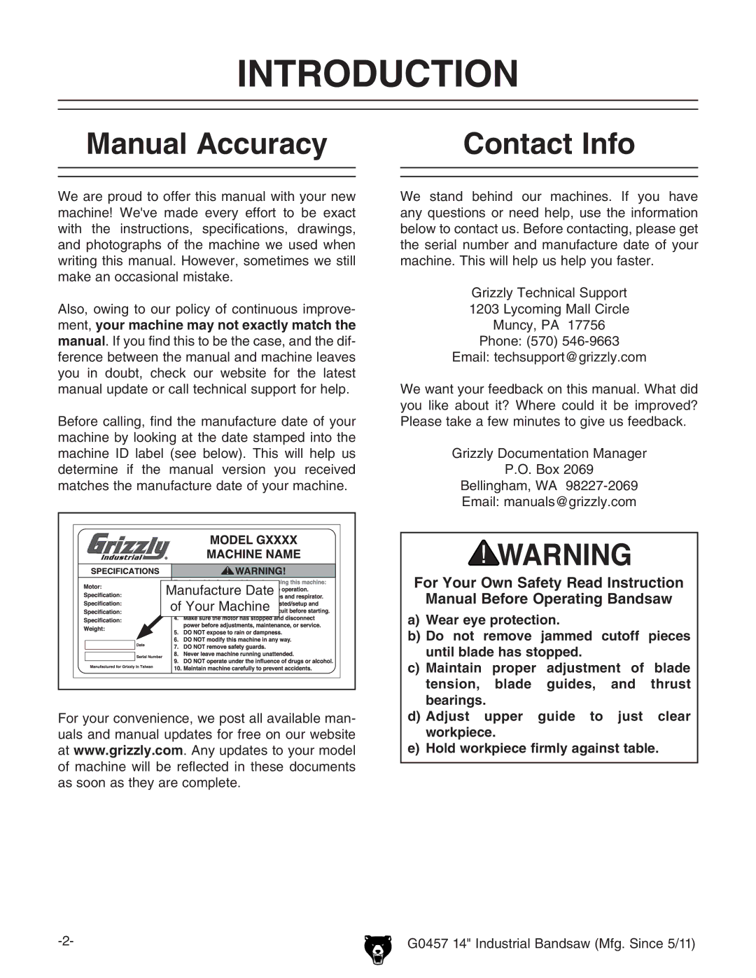 Grizzly G0457 owner manual Introduction, Manual Accuracy Contact Info 