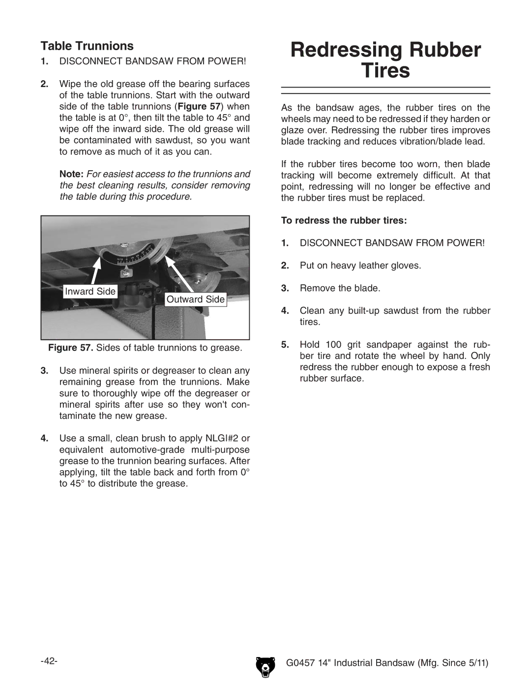 Grizzly G0457 owner manual Redressing Rubber Tires, Table Trunnions, To redress the rubber tires 