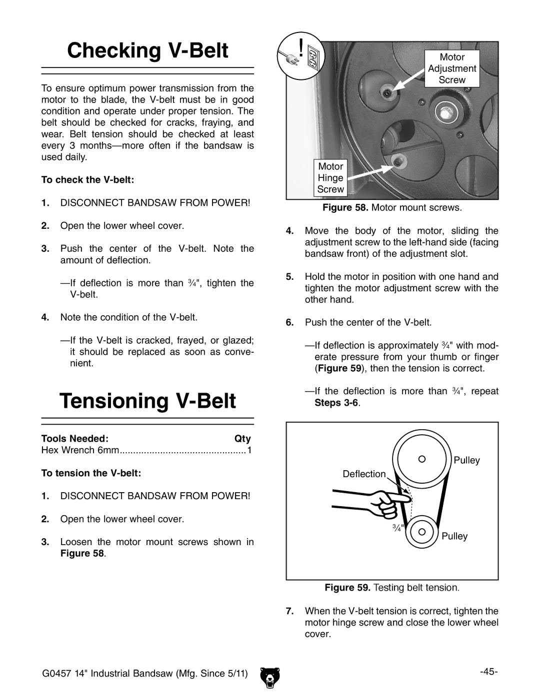 Grizzly G0457 Checking V-Belt, Tensioning V-Belt, To check the V-belt, Steps Tools Needed Qty, To tension the V-belt 