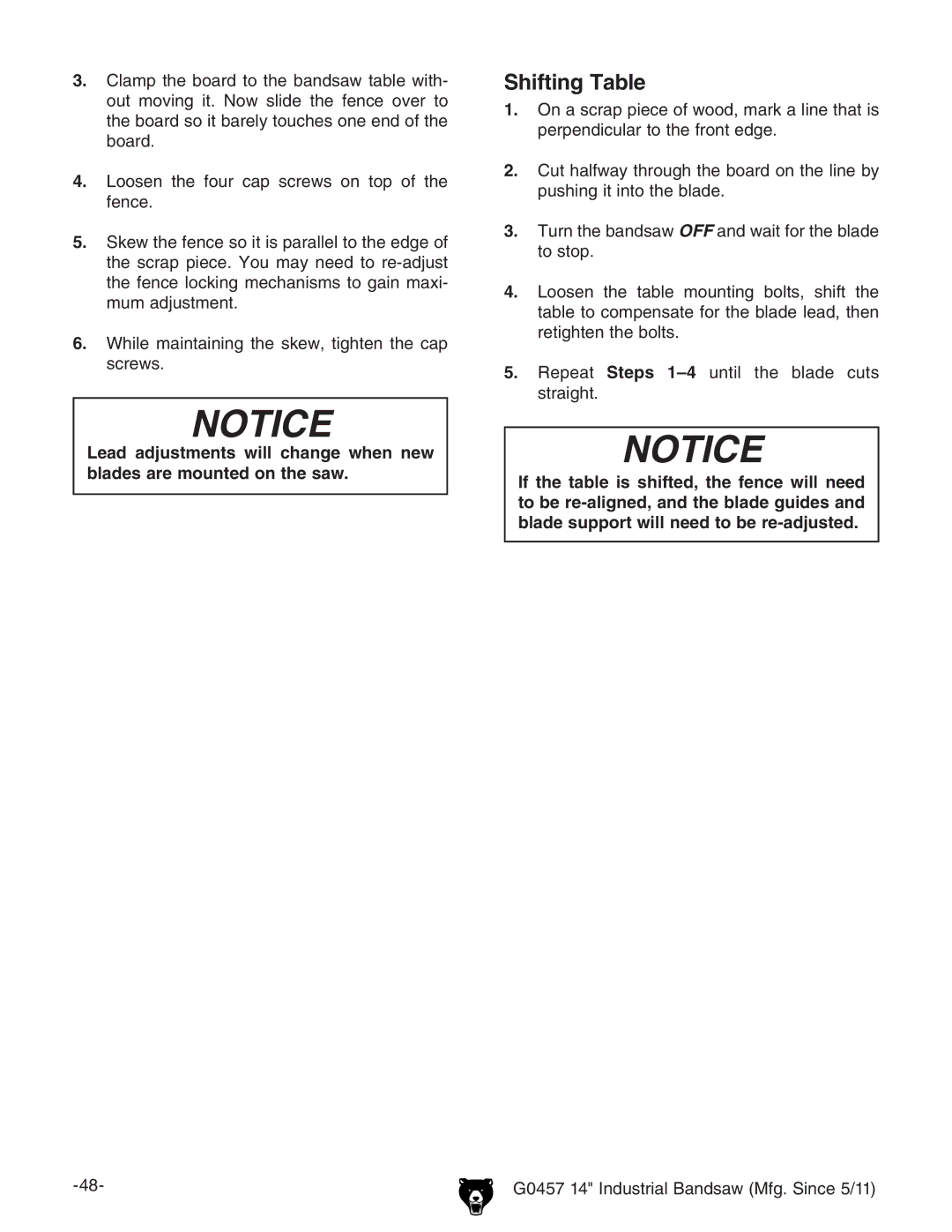 Grizzly G0457 owner manual Shifting Table 