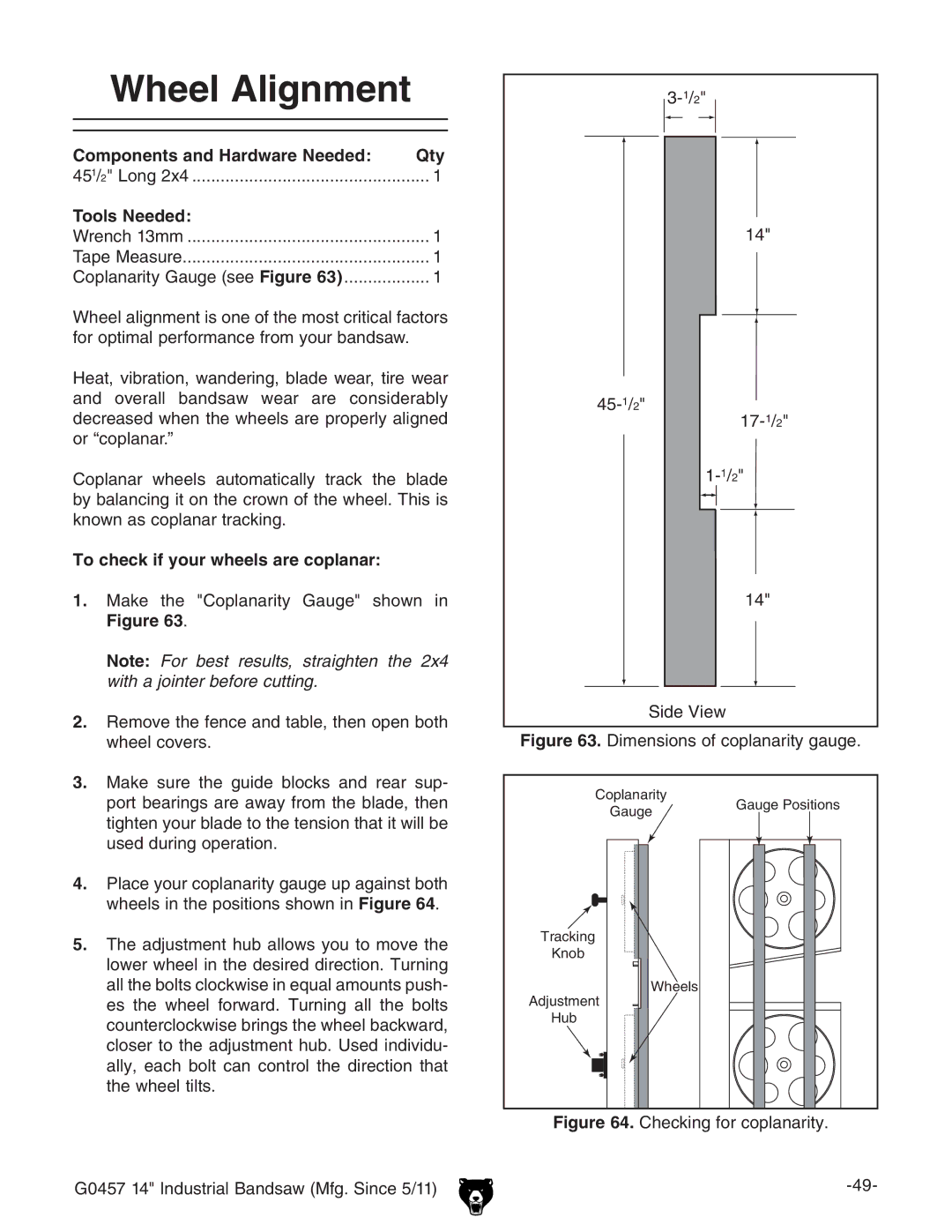 Grizzly G0457 owner manual Wheel Alignment, Components and Hardware Needed Qty, To check if your wheels are coplanar 