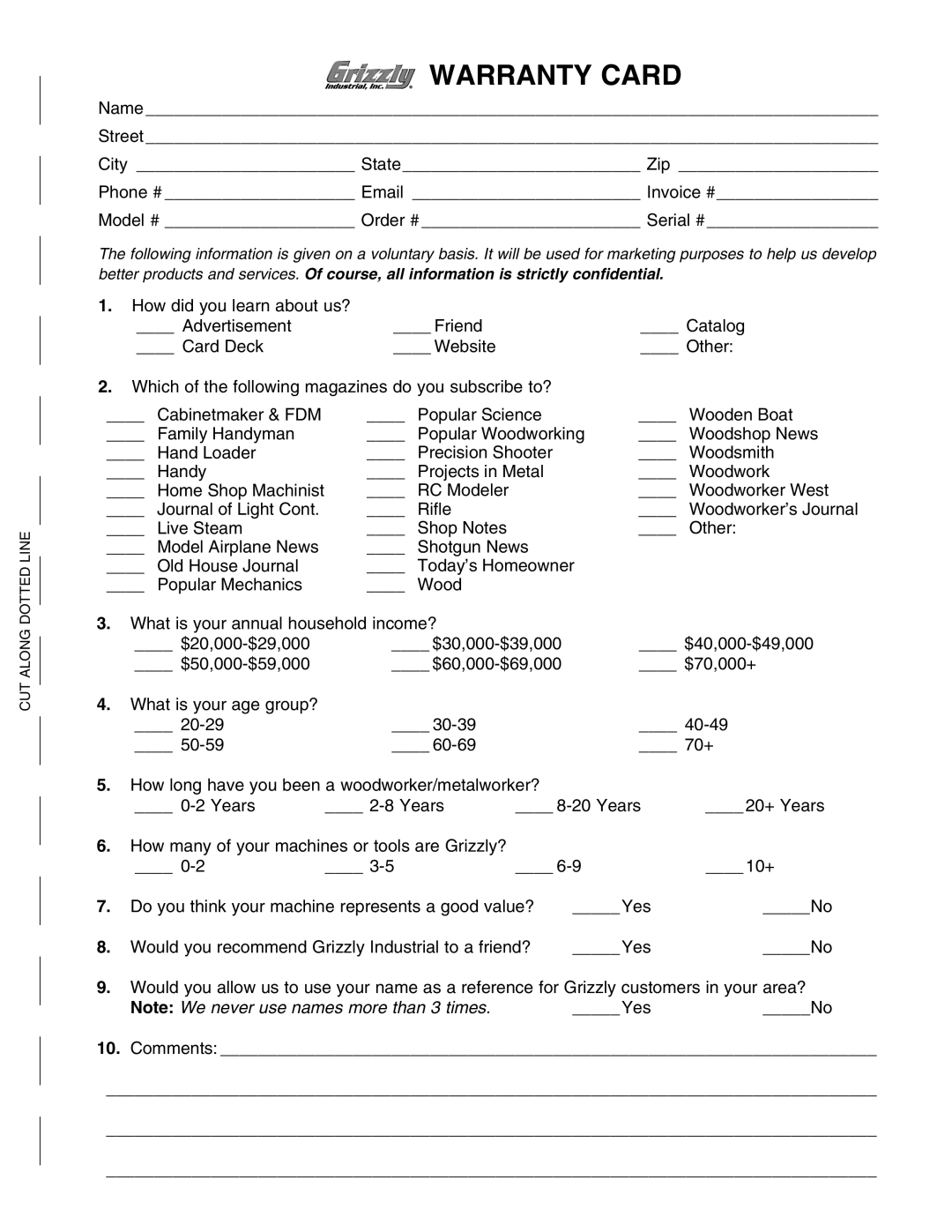 Grizzly G0457 owner manual Warranty Card, Comments 