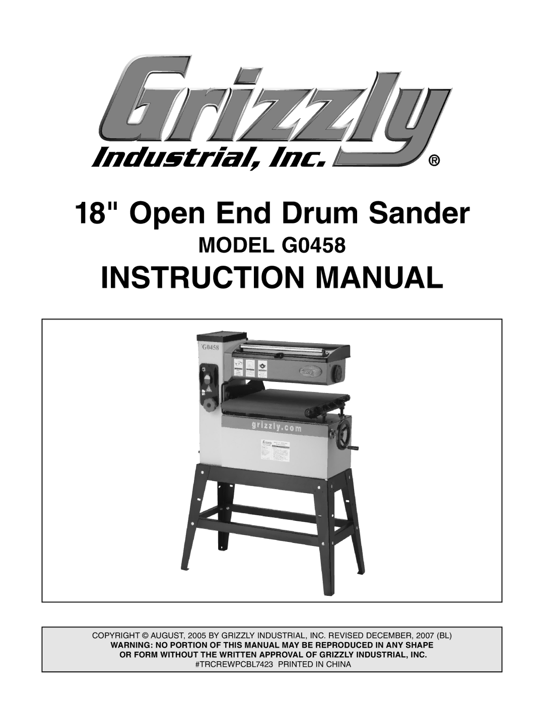 Grizzly G0458 instruction manual Open End Drum Sander 