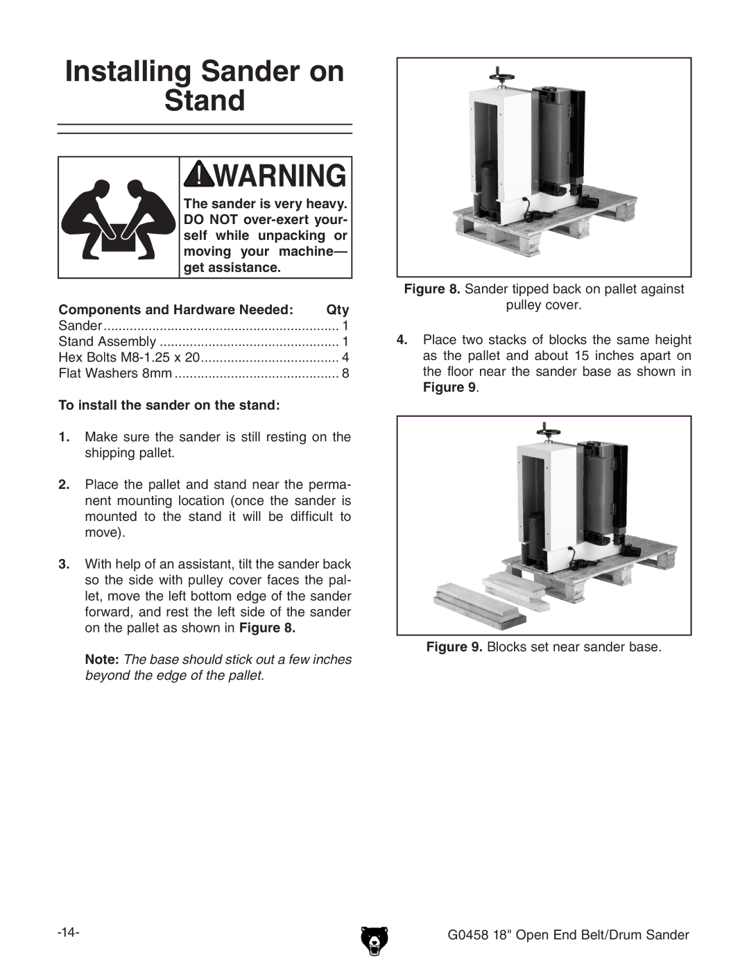 Grizzly G0458 instruction manual Installing Sander on Stand, To install the sander on the stand 