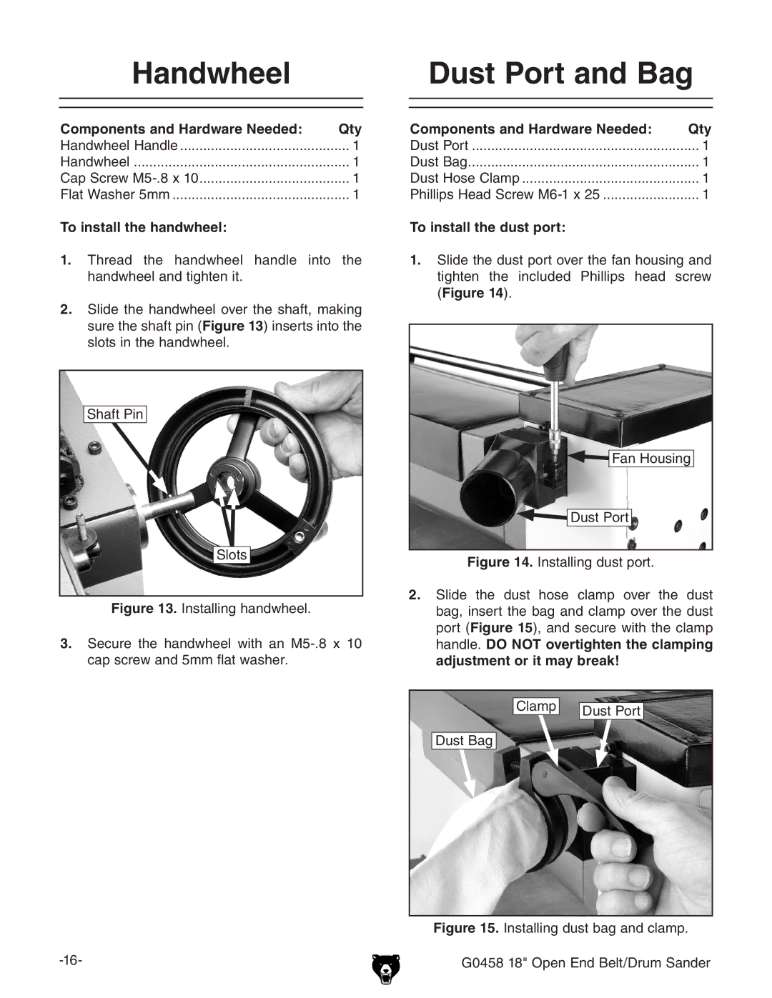 Grizzly G0458 instruction manual Handwheel, Dust Port and Bag, To install the handwheel, To install the dust port 