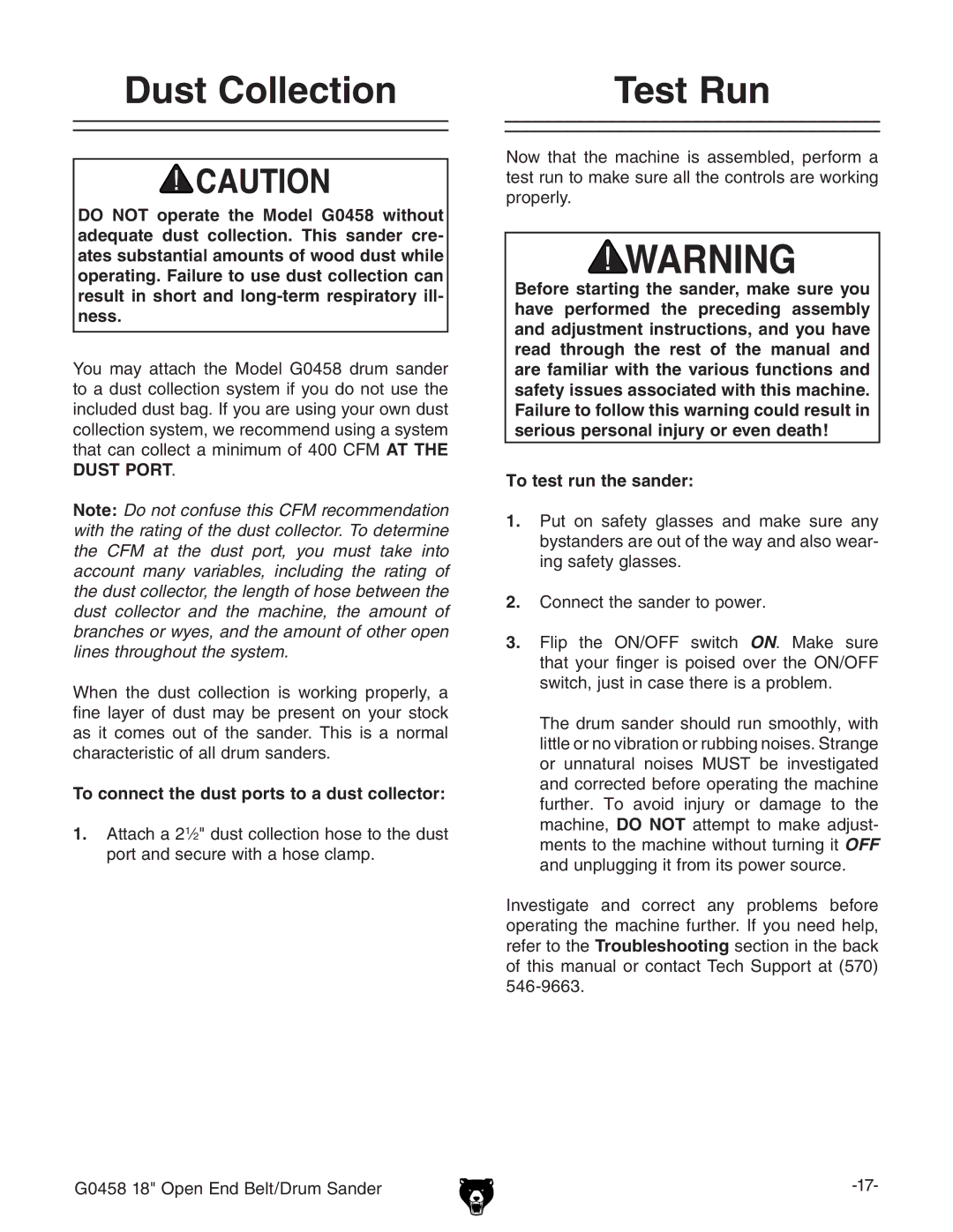 Grizzly G0458 instruction manual Dust Collection Test Run, To connect the dust ports to a dust collector 