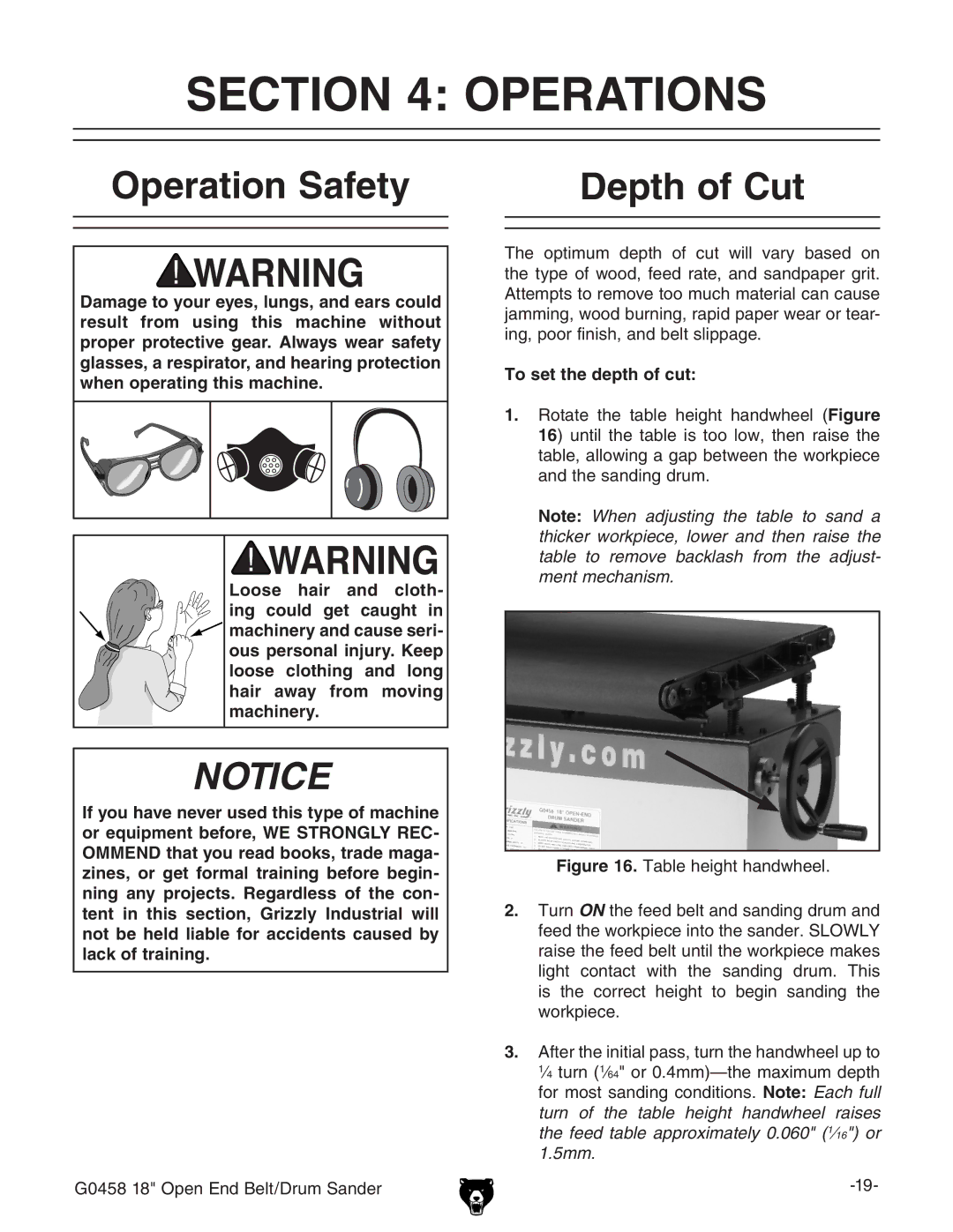 Grizzly G0458 instruction manual Operations, Operation Safety Depth of Cut, To set the depth of cut 