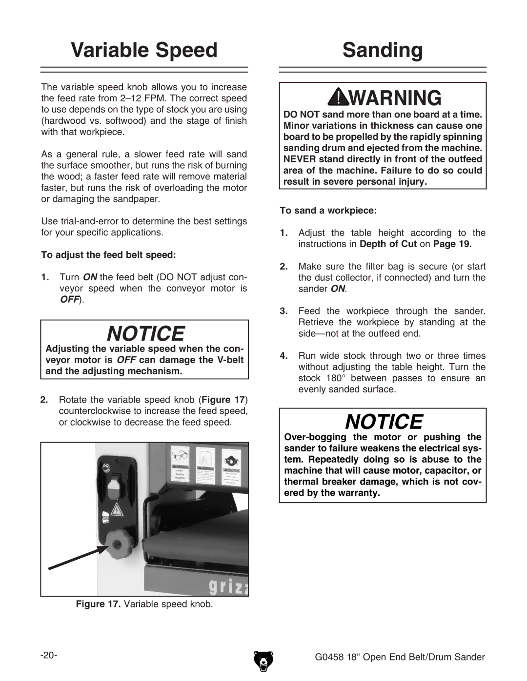 Grizzly G0458 instruction manual Variable Speed Sanding, To adjust the feed belt speed, To sand a workpiece 